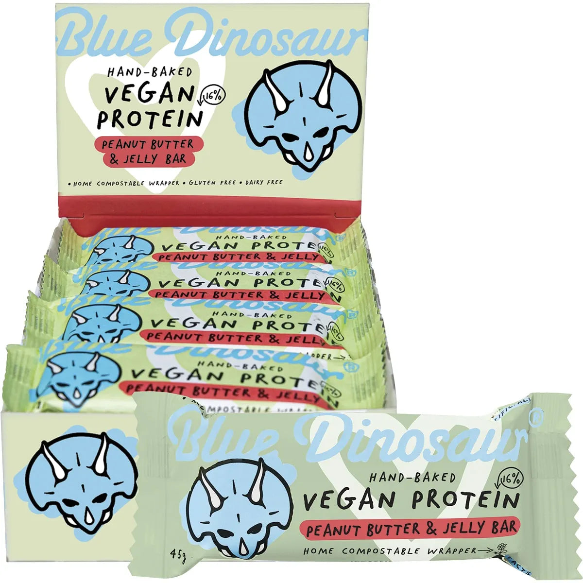 (Clearance - BBD 28/09/24) Blue Dinosaur Hand-Baked Vegan Protein Bar Peanut Butter & Jelly 12 x 45g