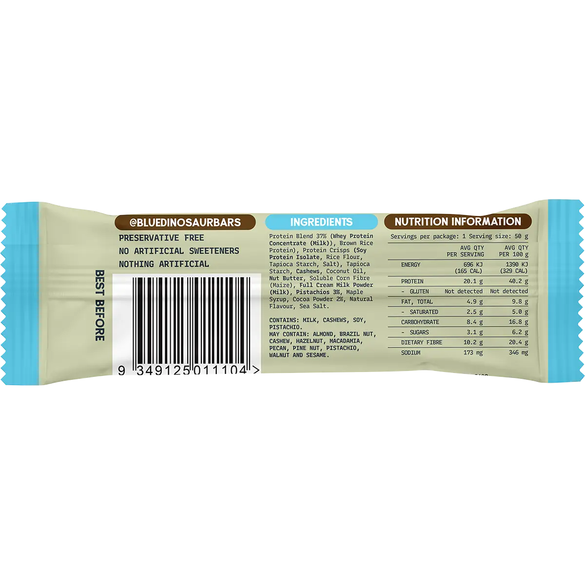 Blue Dinosaur Protein + Fibre Bar Choc Pistachio 12x50g — back of pack and product information
