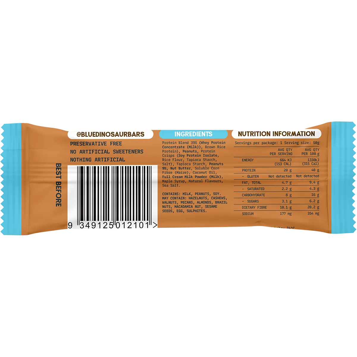 Blue Dinosaur Protein + Fibre Bar Peanut Salted Caramel 12x50g — back of pack and product information