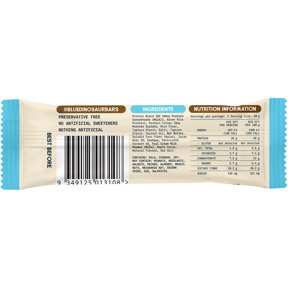 Blue Dinosaur Protein + Fibre Bar Coconut Choc Chip 12x50g — back of pack and product information