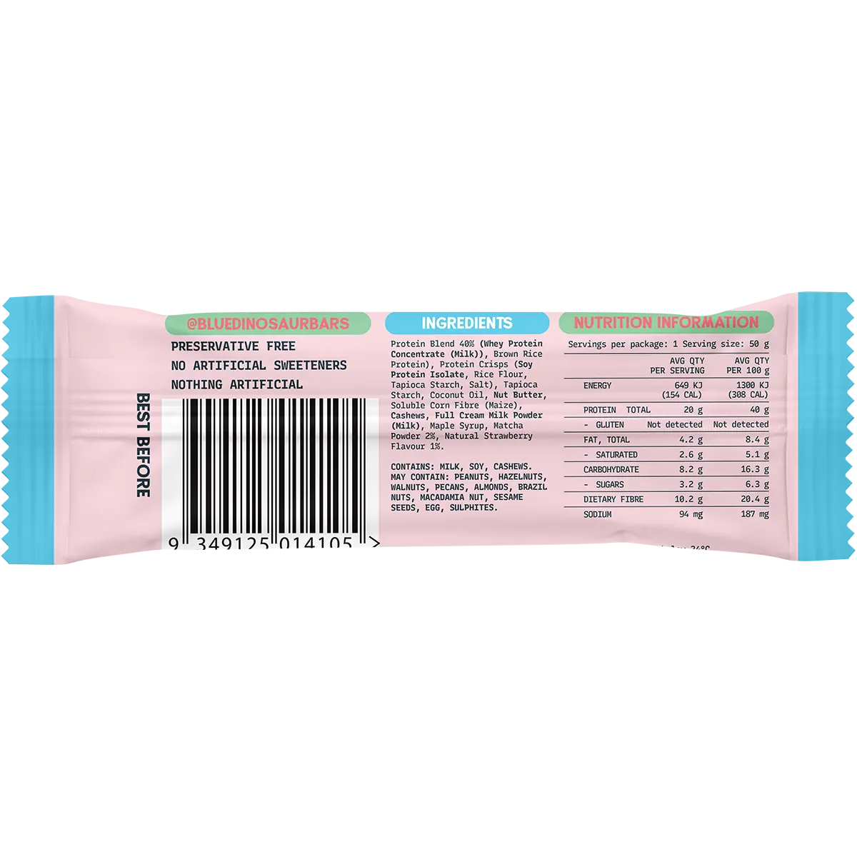 Blue Dinosaur Protein + Fibre Bar Strawberry Matcha 12x50g — back of pack and product information