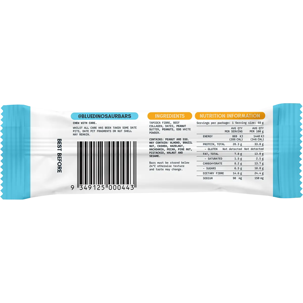 Blue Dinosaur Peanut Butter Protein Bar  12x60g — back of pack and product information