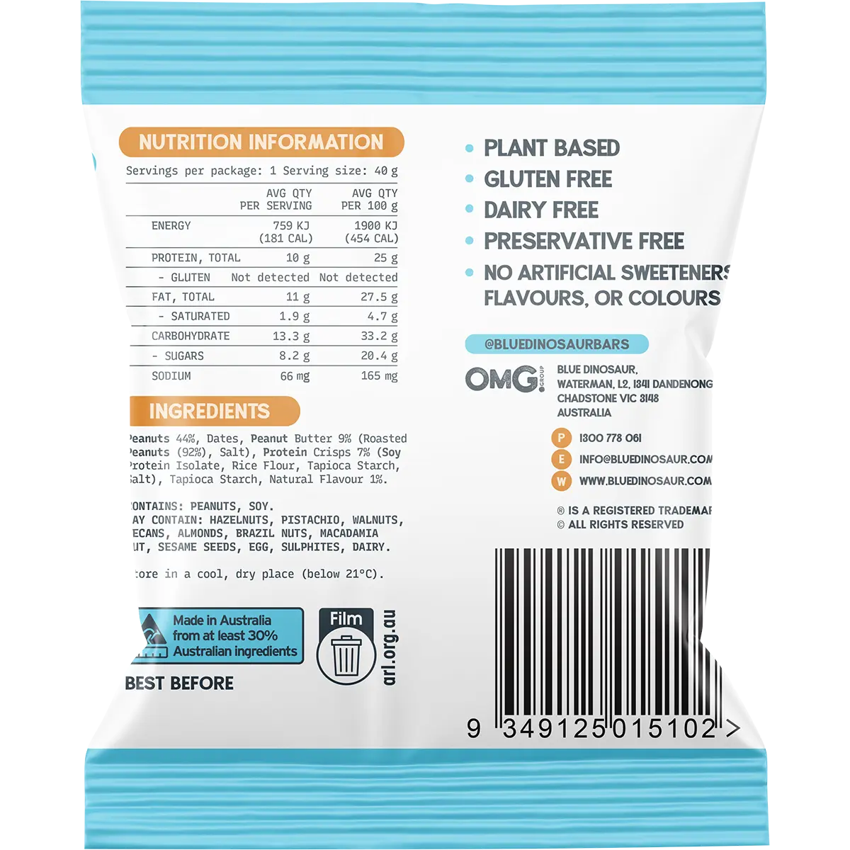 Blue Dinosaur Peanut Butter Protein Ball 12x40g — back pack image (UHP)