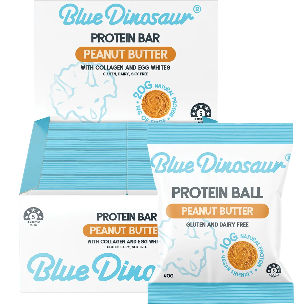 Blue Dinosaur Peanut Butter Protein Ball 12x40g — front pack image (UHP)