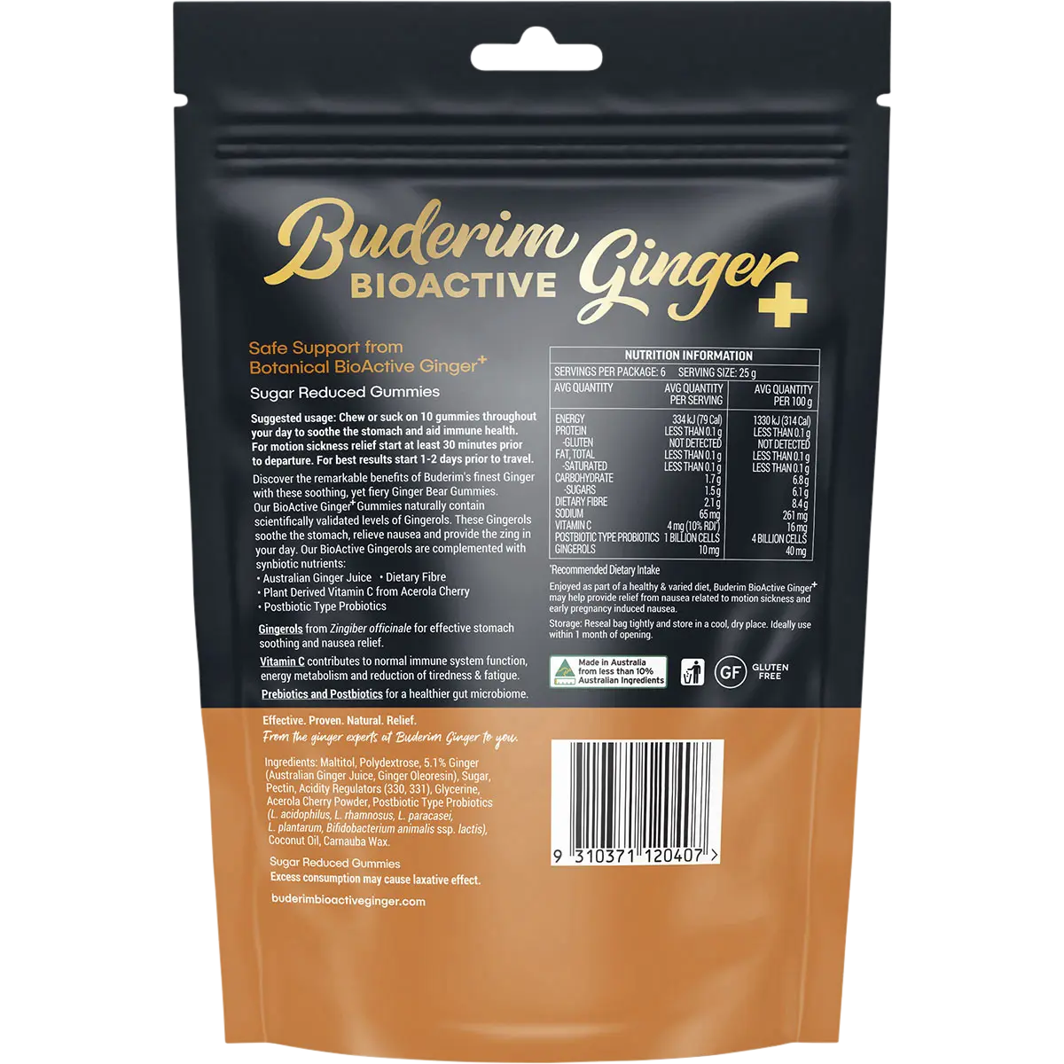 Buderim Ginger Bioactive + Gummie Bears — back pack image (UHP)