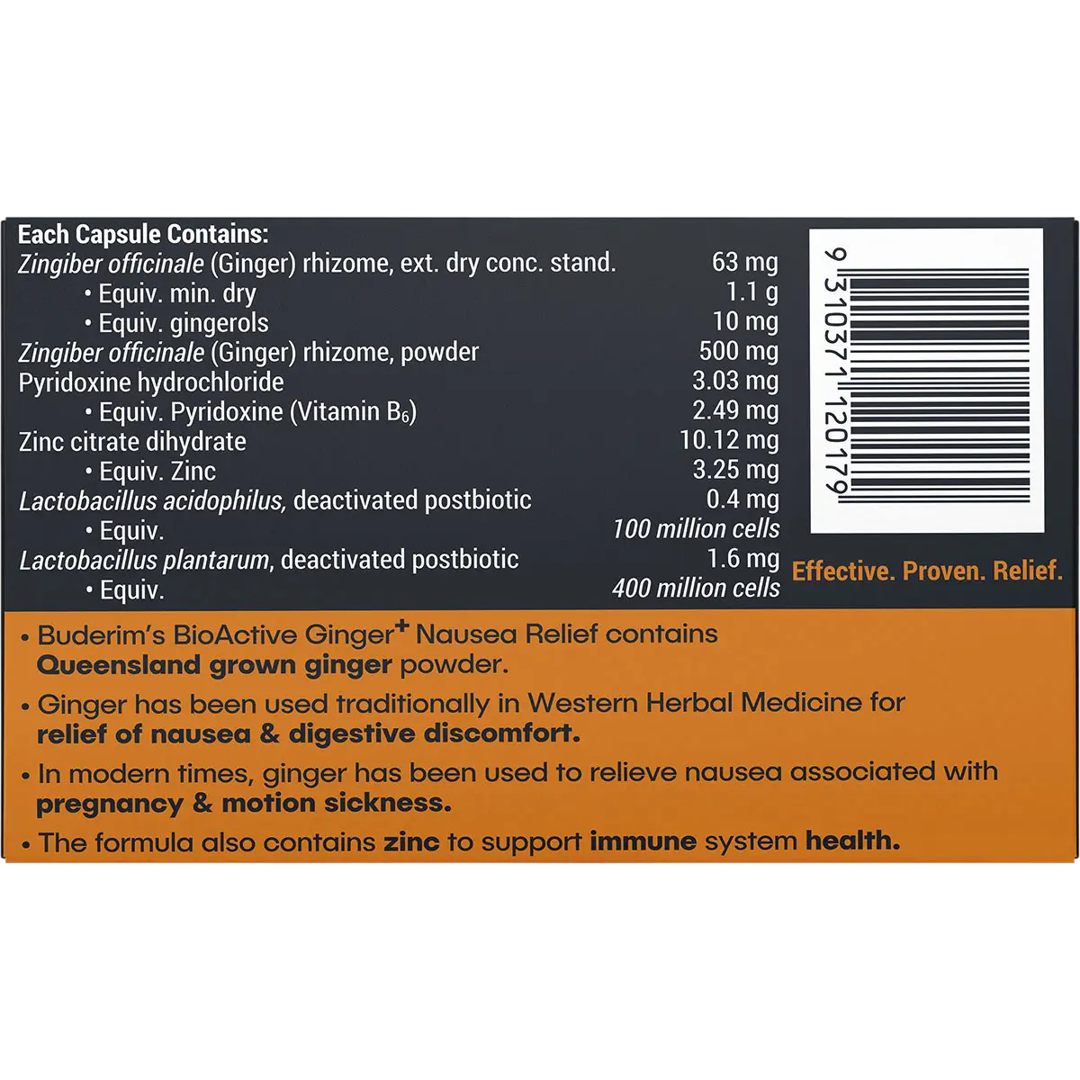 Buderim Ginger Bioactive + Nausea Relief Capsules — back pack image (UHP)