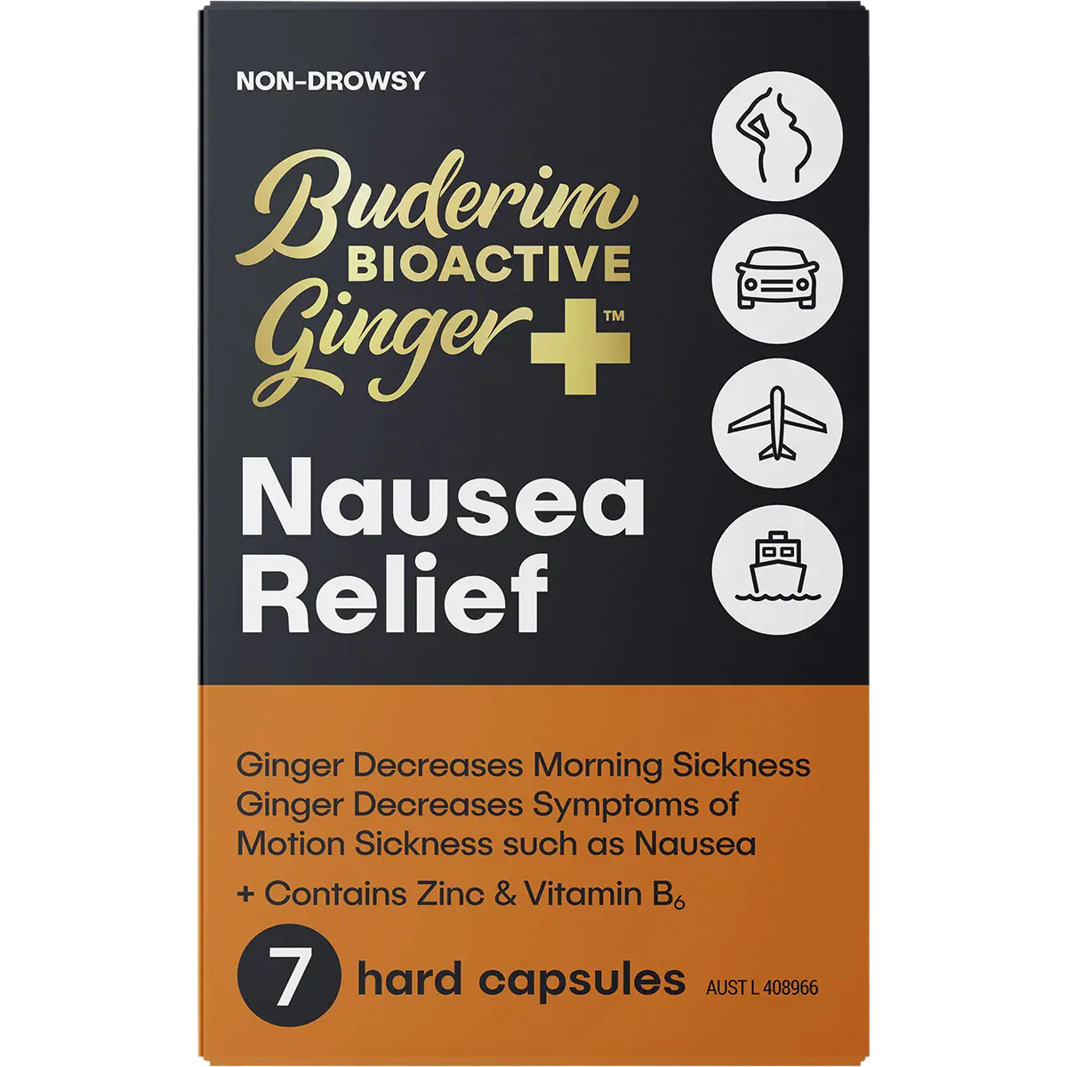 Buderim Ginger Bioactive + Nausea Relief Capsules — front pack image (UHP)