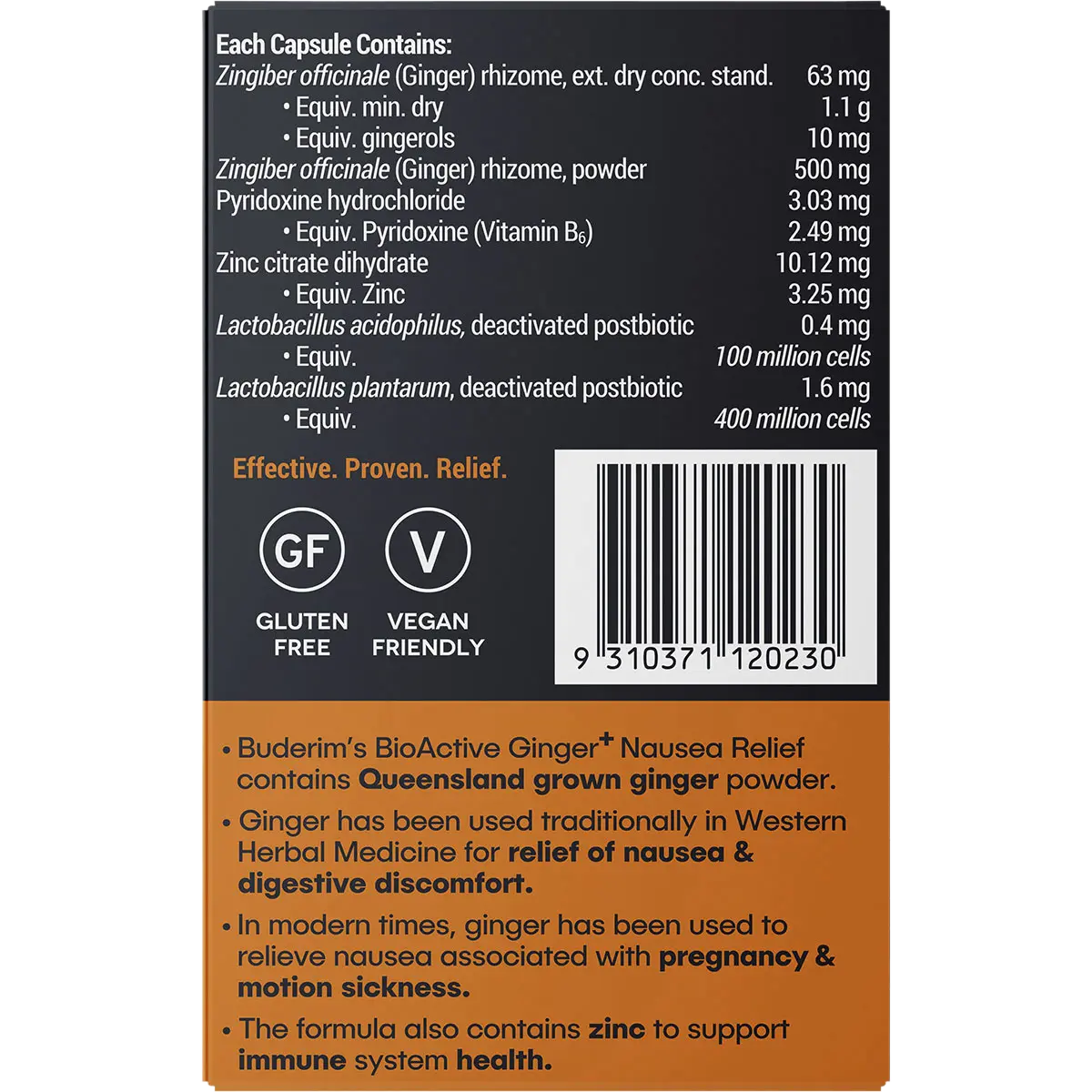 Buderim Ginger Bioactive + Nausea Relief Capsules — back pack image (UHP)