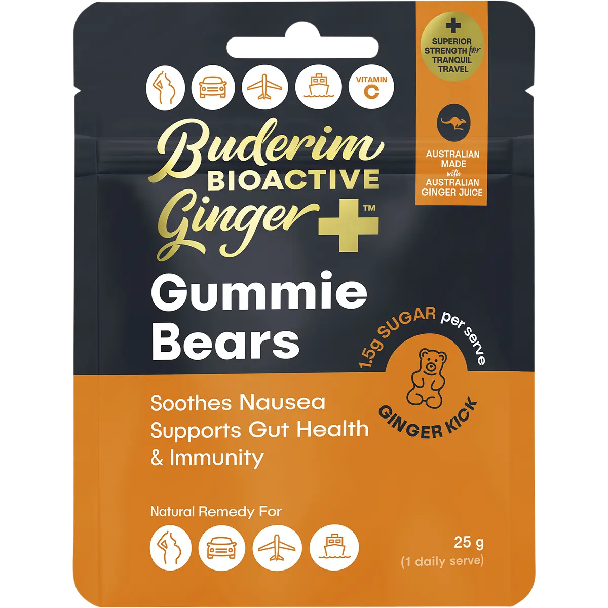 Buderim Ginger Bioactive + Gummie Bears — front pack image (UHP)
