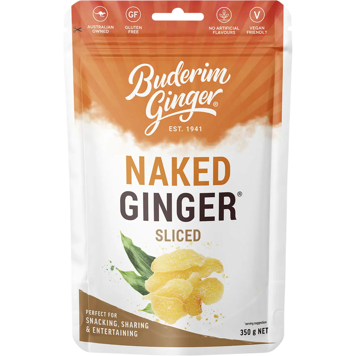 Buderim Ginger Naked Ginger Sliced 350g — front pack image (UHP)
