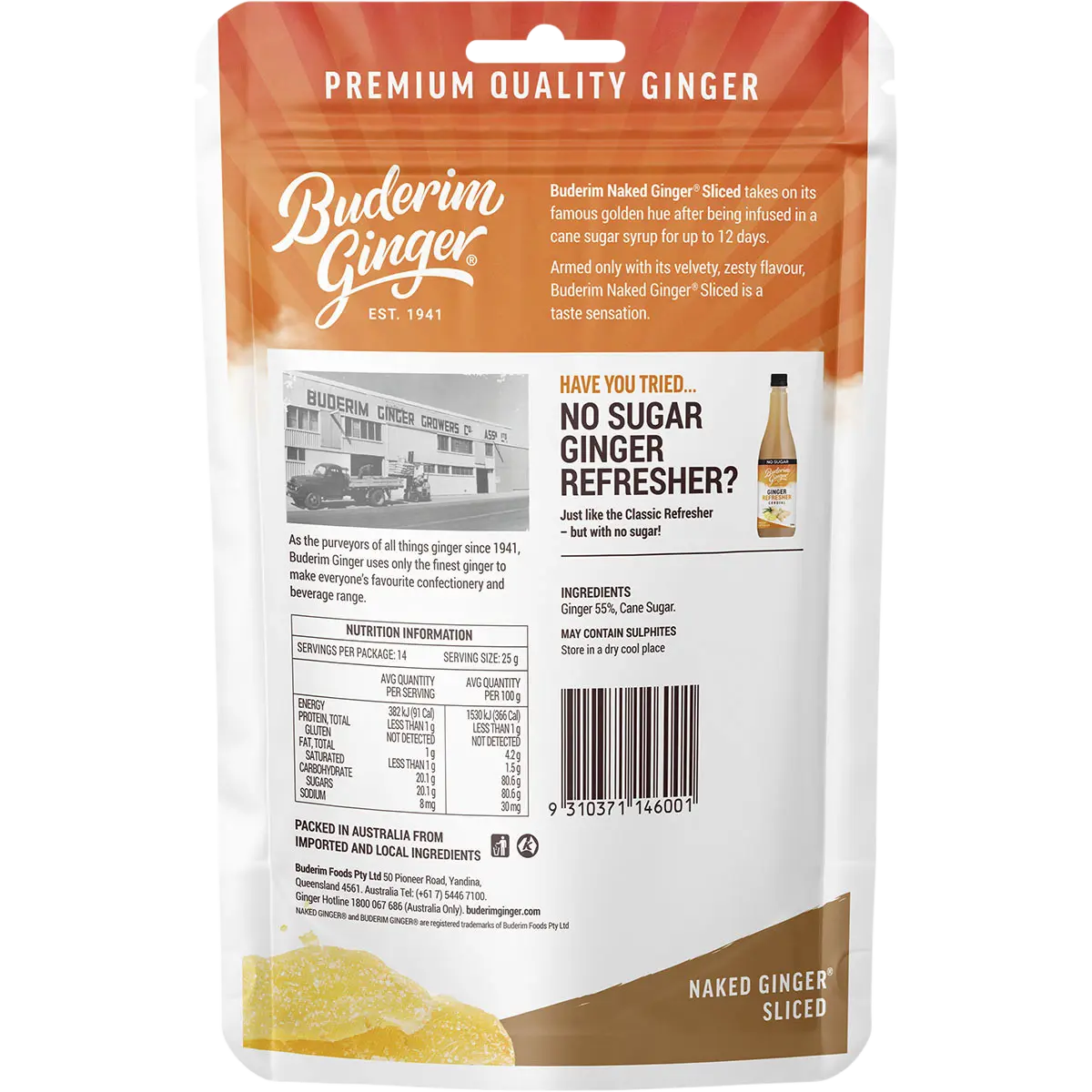 Buderim Ginger Naked Ginger Sliced 350g — back pack image (UHP)