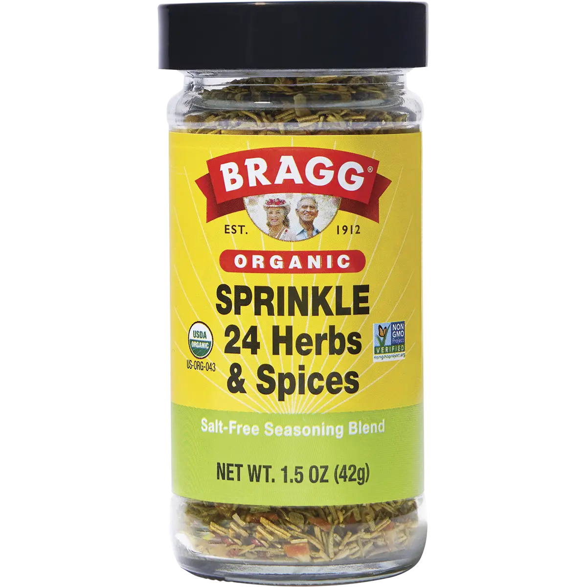 Bragg Seasoning Organic Sprinkle 24 Herb & Spices Salt-Free 42g — front pack image (UHP)