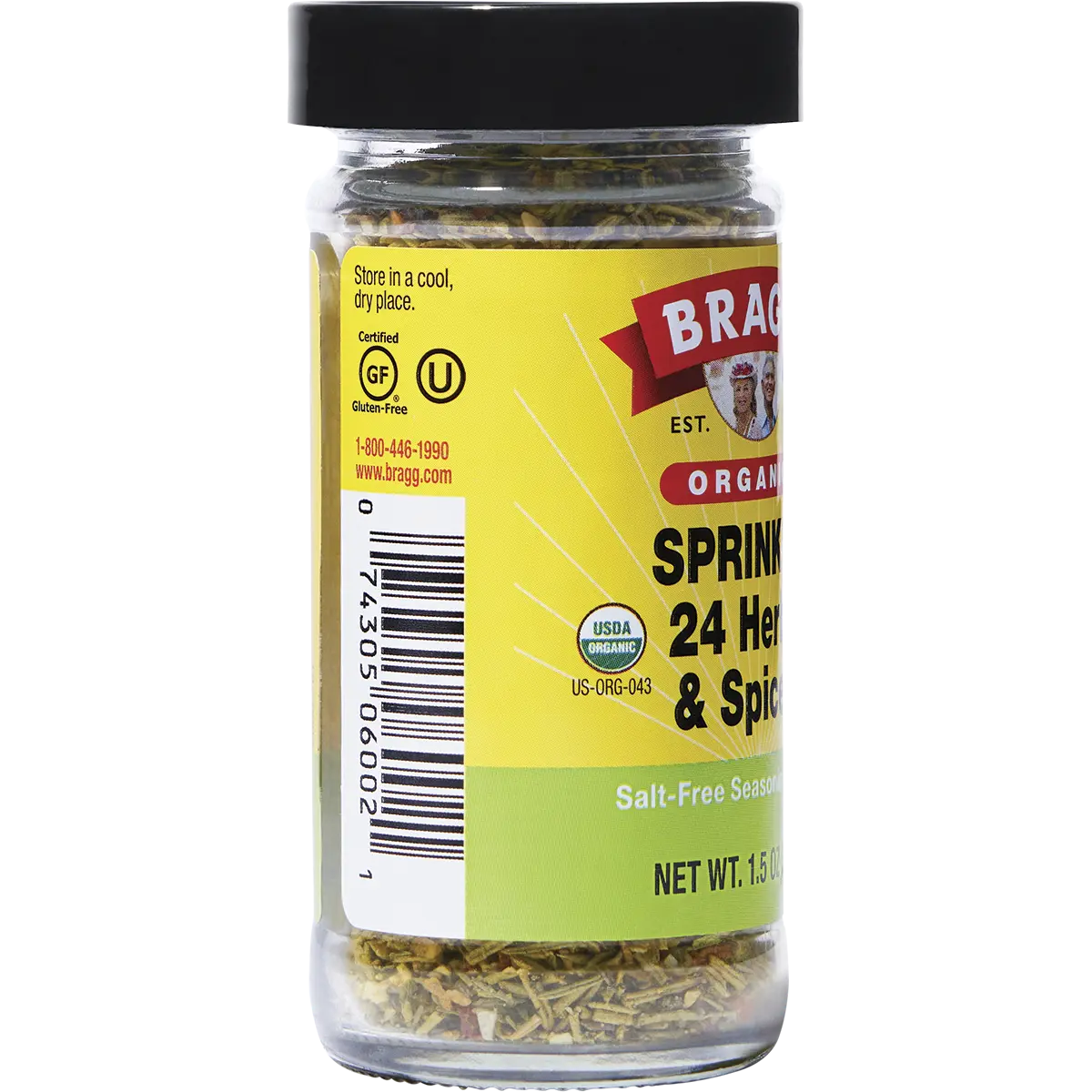 Bragg Seasoning Organic Sprinkle 24 Herb & Spices Salt-Free 42g — side pack image (UHP)