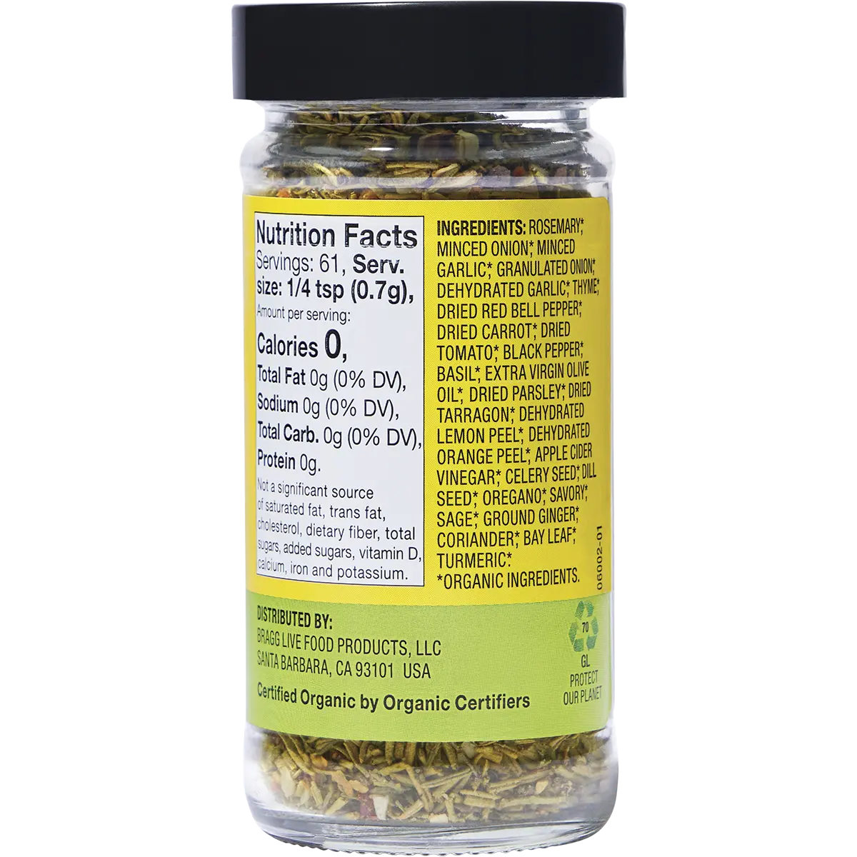 Bragg Seasoning Organic Sprinkle 24 Herb & Spices Salt-Free 42g — side pack image (UHP)