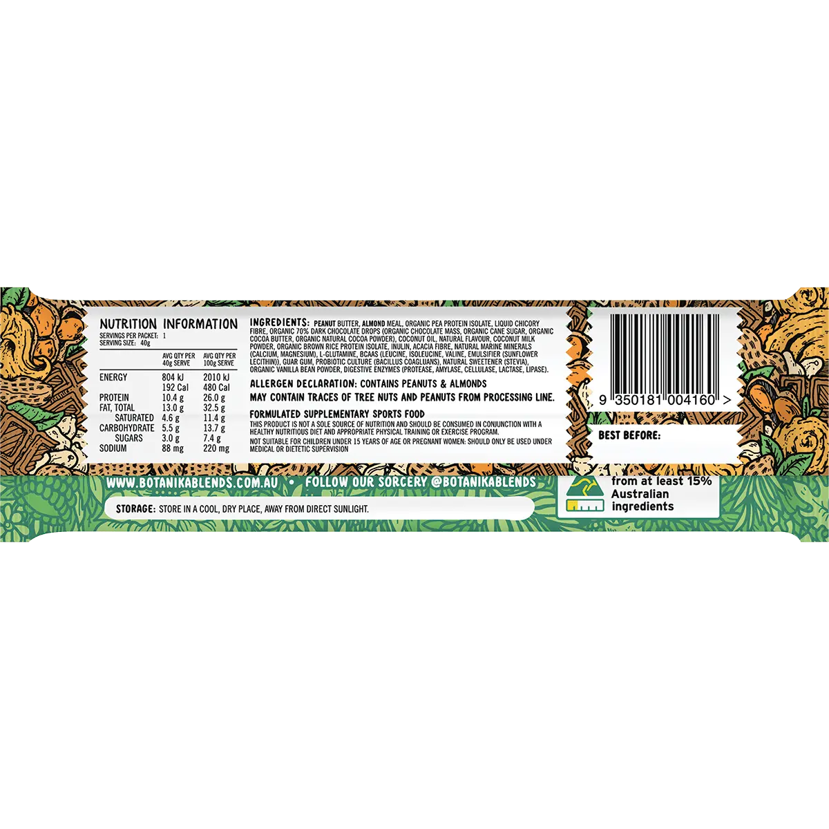 Botanika Blends Vegan Protein Bars Choc Chip Peanut Butter 12x40g — back of pack and product information