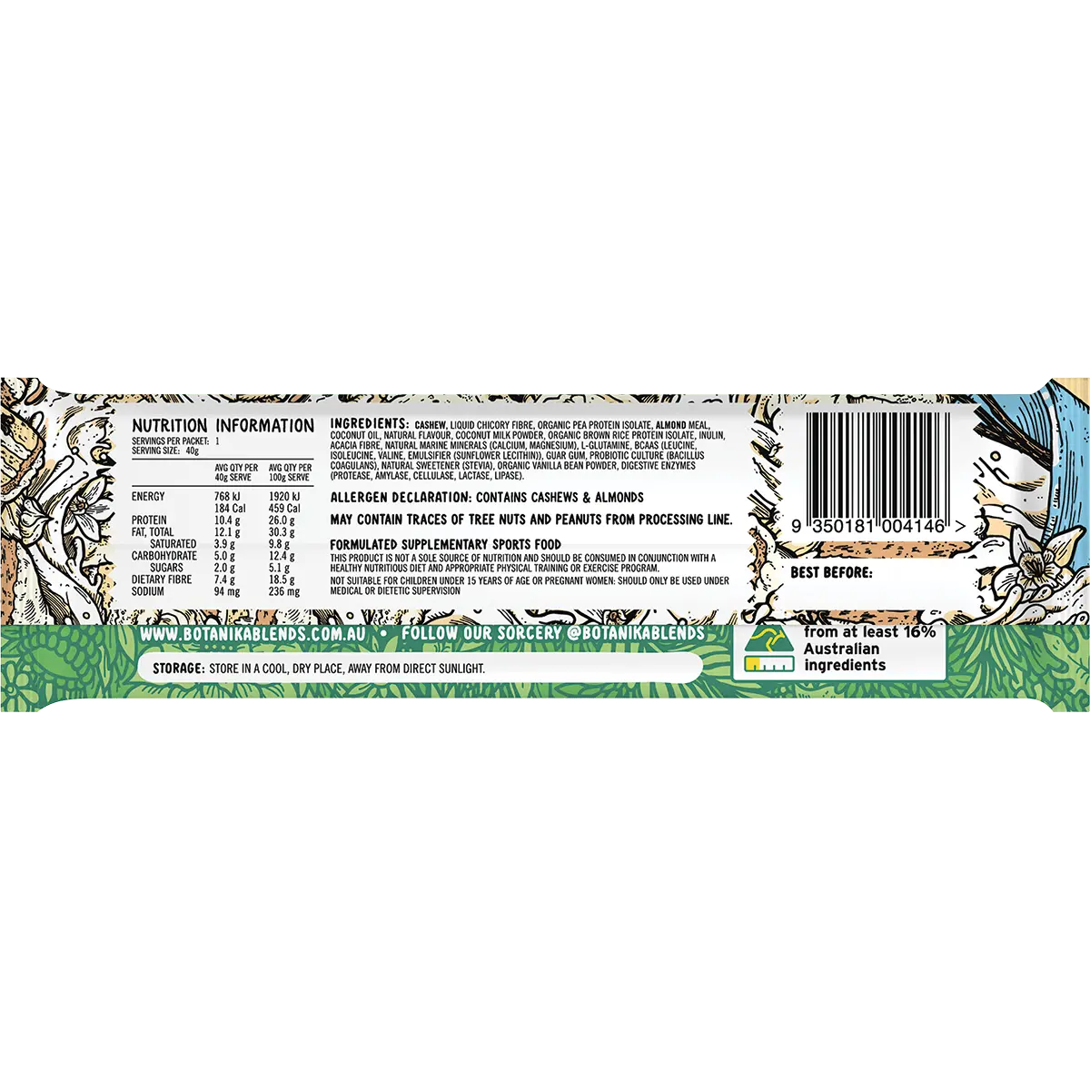 Botanika Blends Vegan Protein Bars Vanilla Cake Batter 12x40g nutrition / back image
