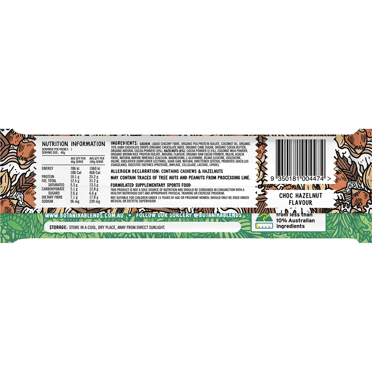 Botanika Blends Vegan Protein Bars Choc Hazelnut 12x40g nutrition / back image