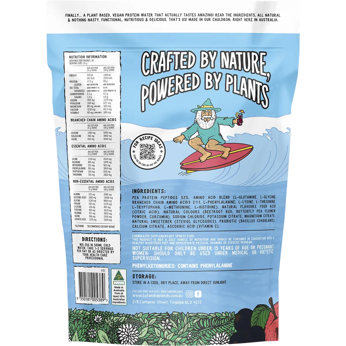 Botanika Blends Plant Protein Water Apple Blackcurrant 400g — back of pack and product information
