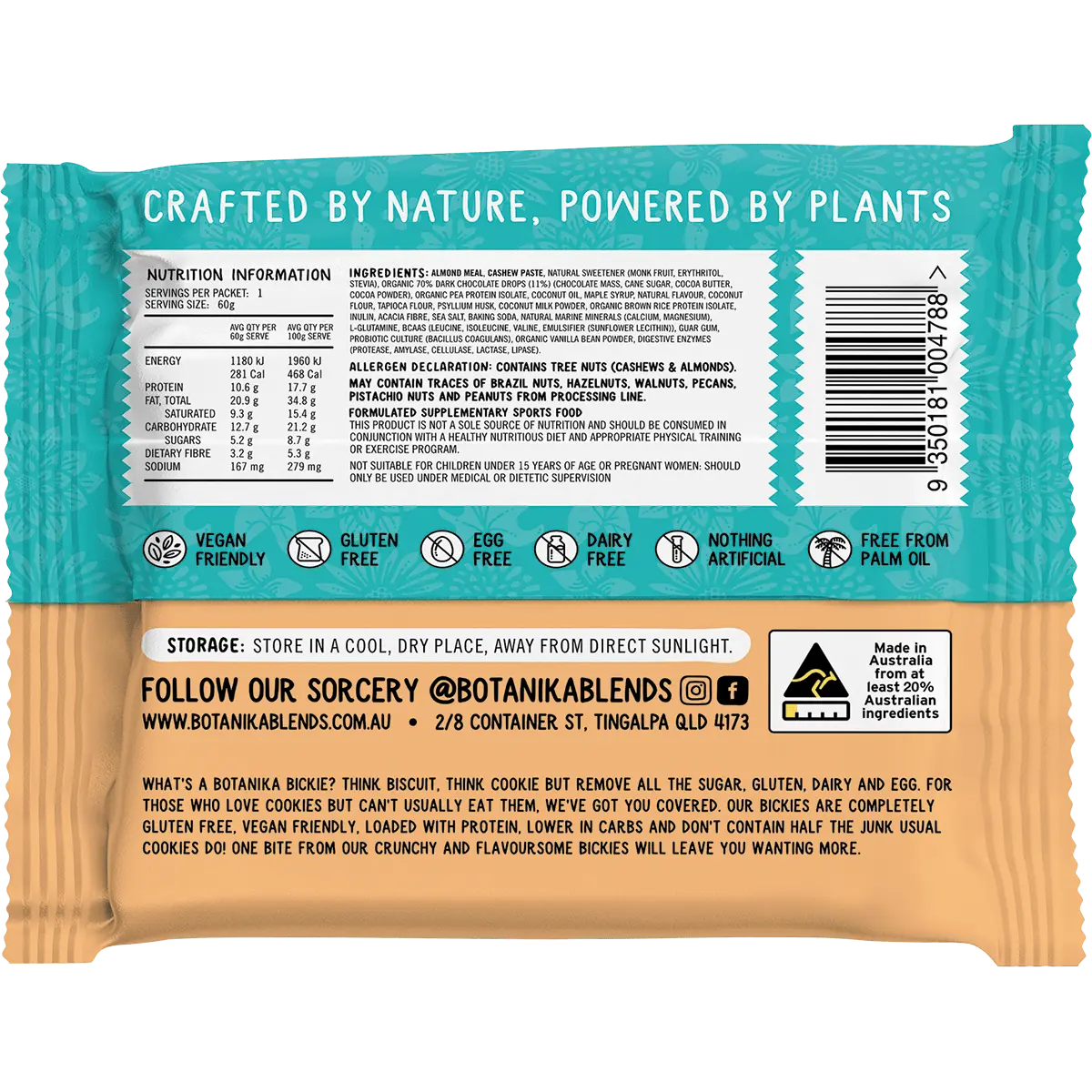 Botanika Blends Bickie Vegan Protein Cookie- Choc Chip 12x60g nutrition / back image