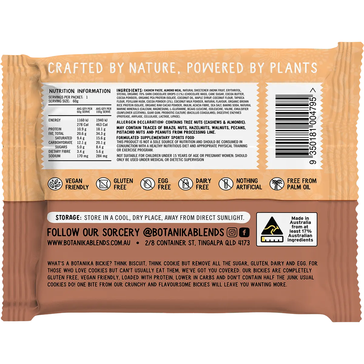 Botanika Blends Bickie Vegan Protein Cookie- Choc Choc Boom 12x60g nutrition / back image