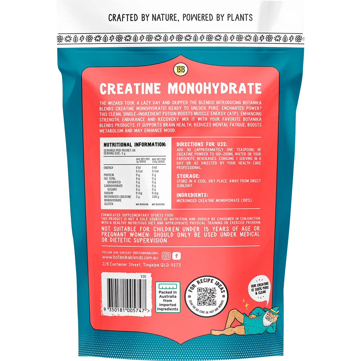 Botanika Blends Creatine Monohydrate 200g — back pack image (UHP)