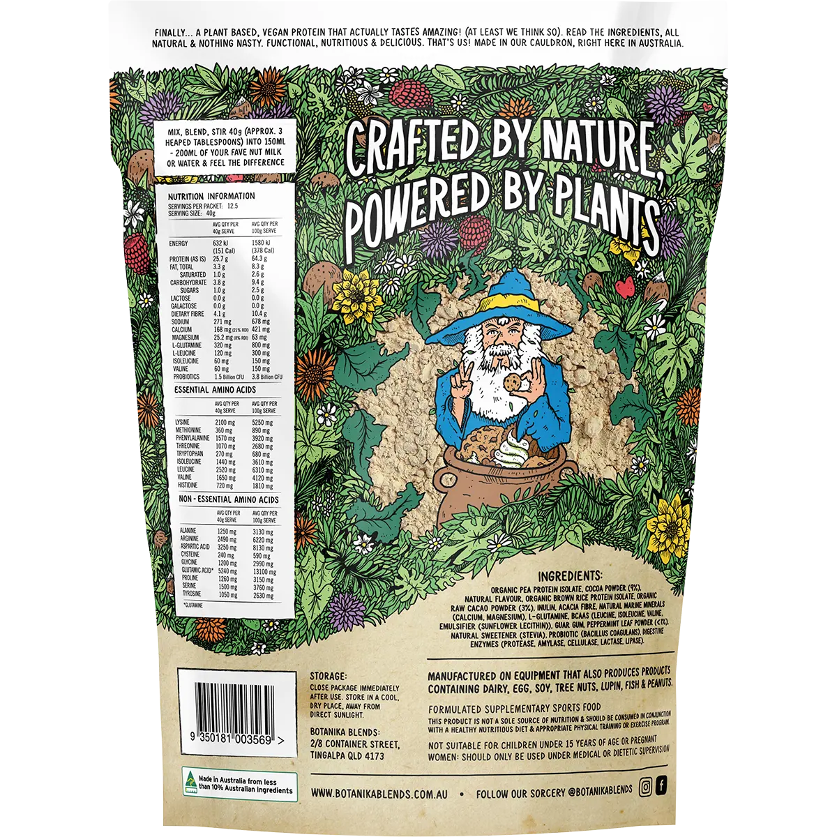 Botanika Blends Plant Protein Cacao Mint Cookies & Cream 500g — back of pack and product information