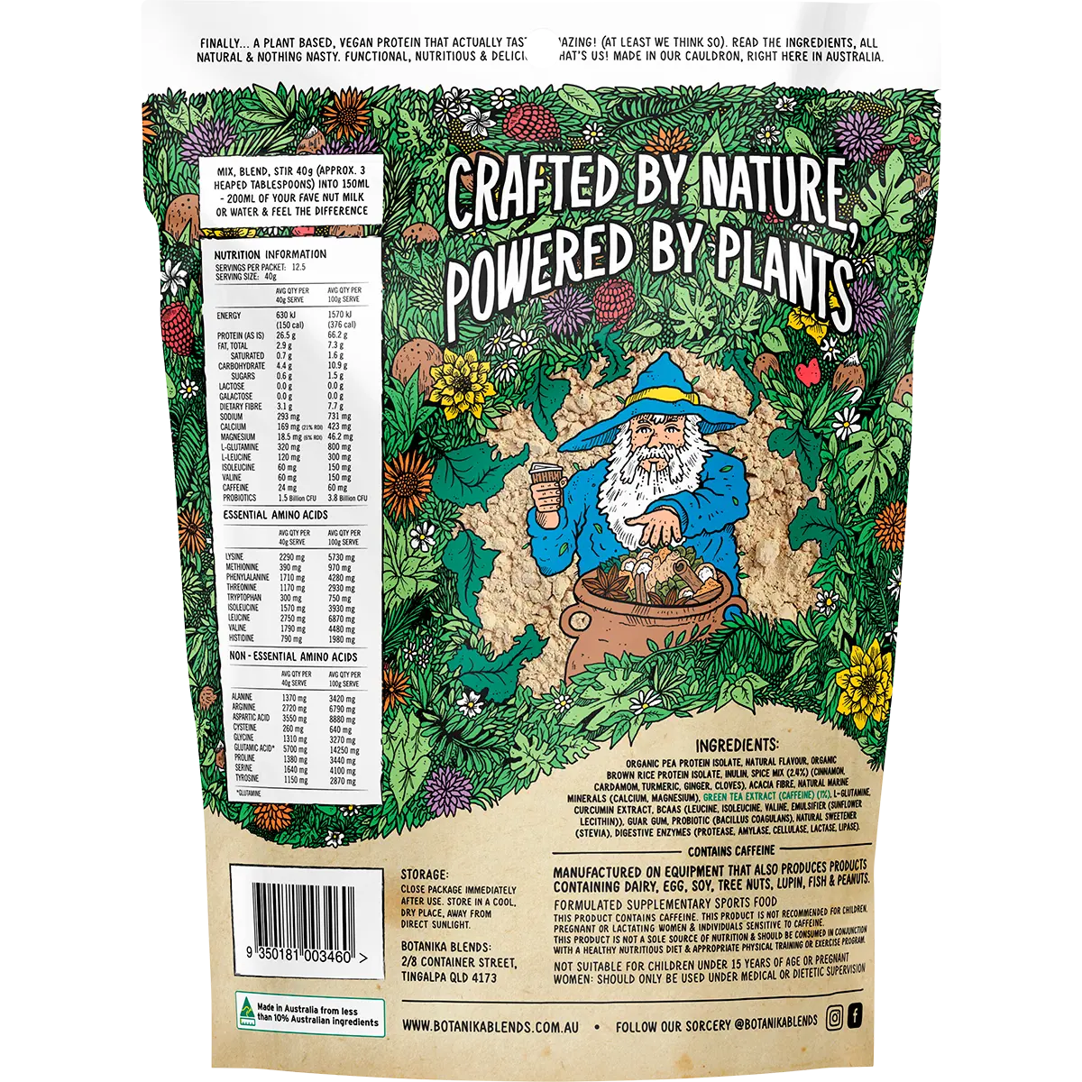 Botanika Blends Plant Protein Golden Chai Latte 500g — back of pack and product information