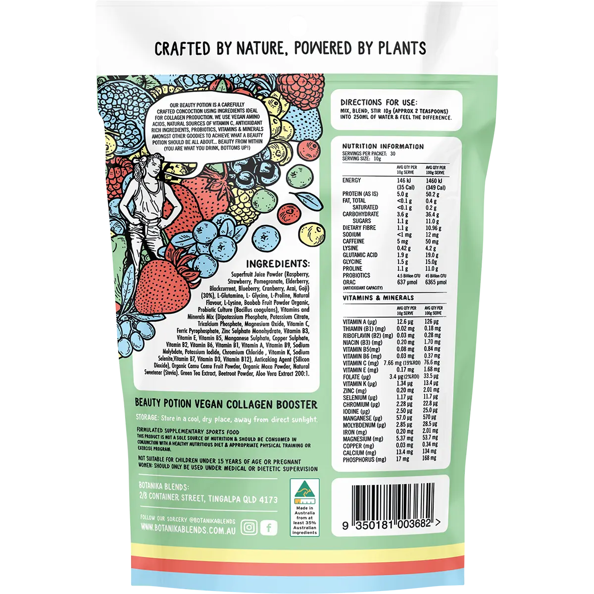 Botanika Blends Beauty Potion - Berry Nice Vegan Collagen Boost 300G nutrition / back image