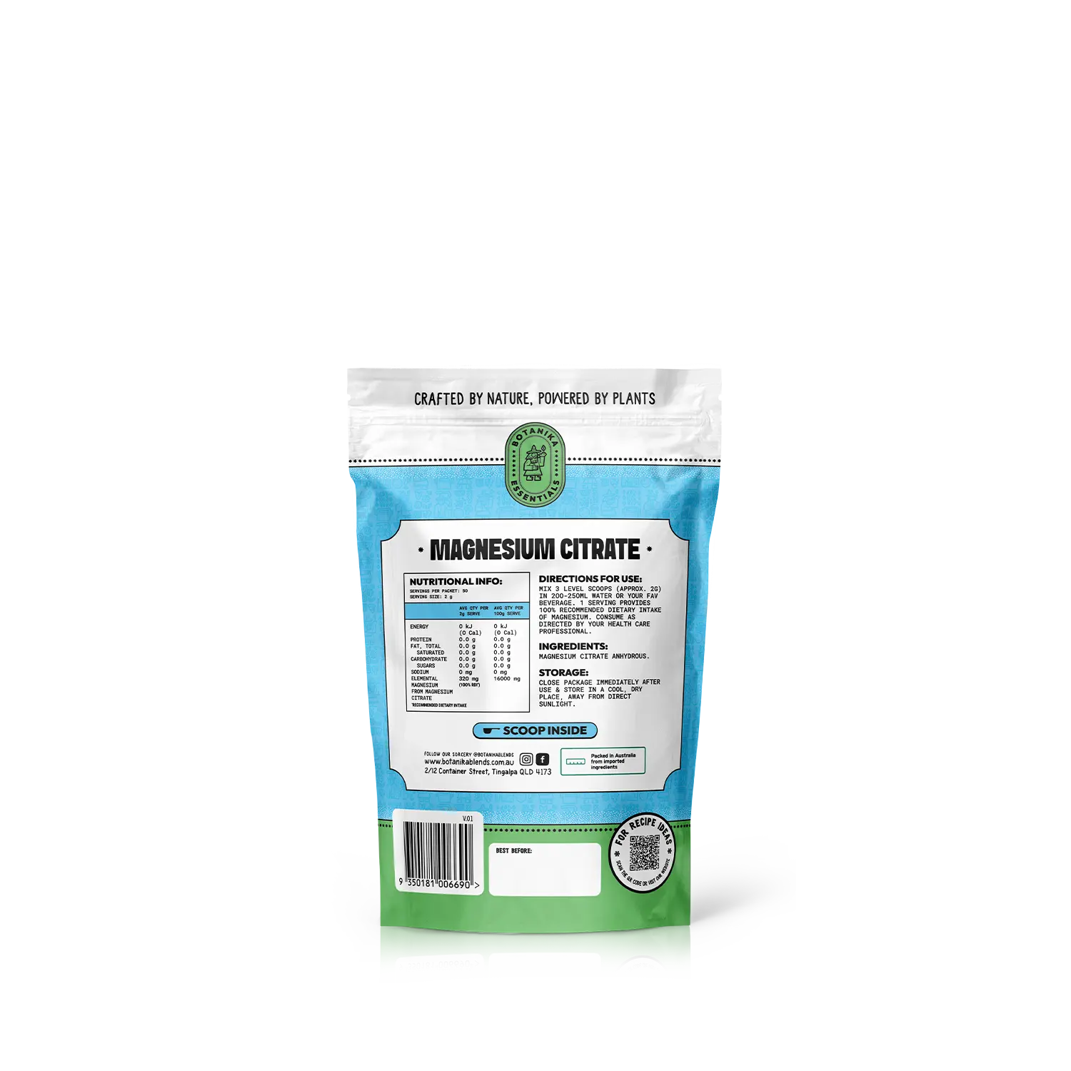 Botanika Blends Magnesium Citrate 100g official pouch rear packaging