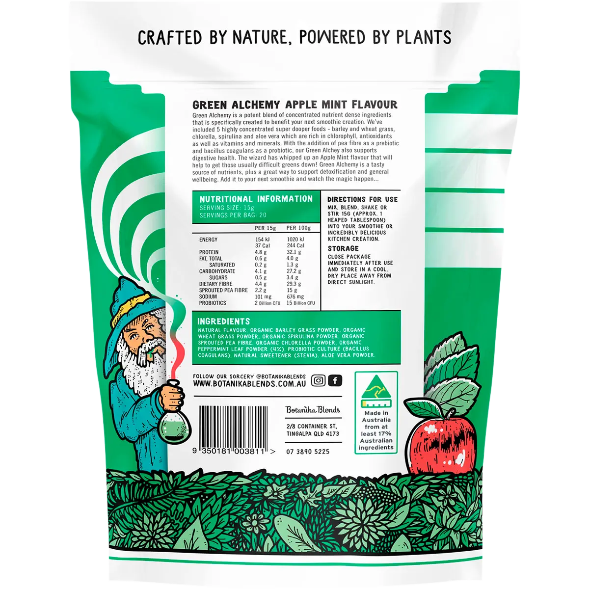 Botanika Blends Green Alchemy Nutrient Dense Greens Apple Mint — back pack image (UHP)
