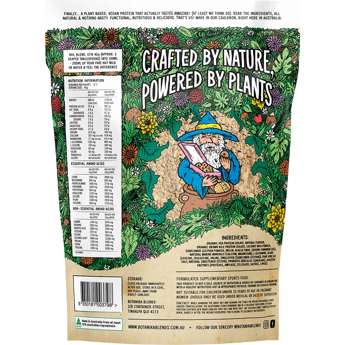 Botanika Blends Plant Protein Custard Filled Cinnamon Donut 500g — back of pack and product information