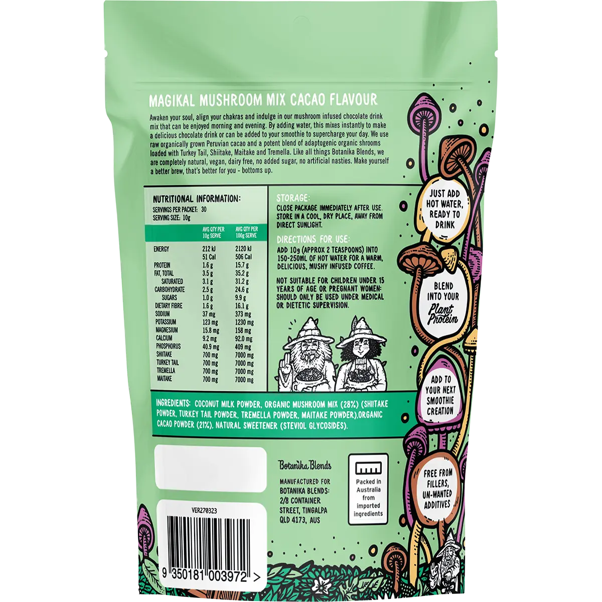 Botanika Blends Magikal Mushroom Mix Cacao 300g — back pack image (UHP)
