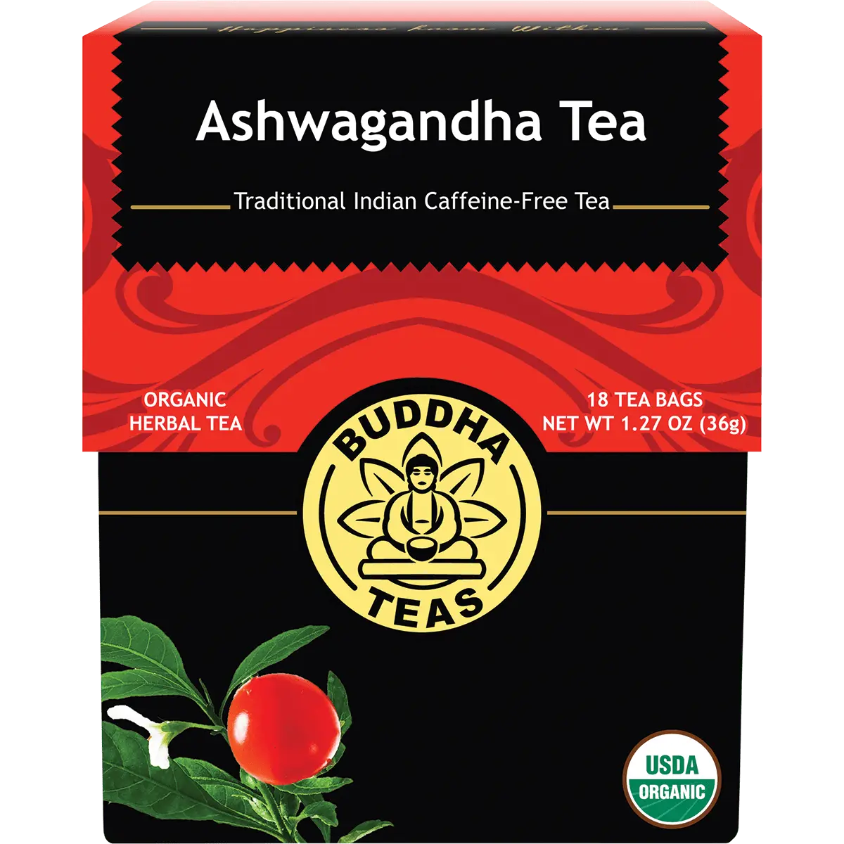 Buddha Teas Organic Herbal Tea Bags Ashwagandha Tea 18 Sachets — front pack image (UHP)
