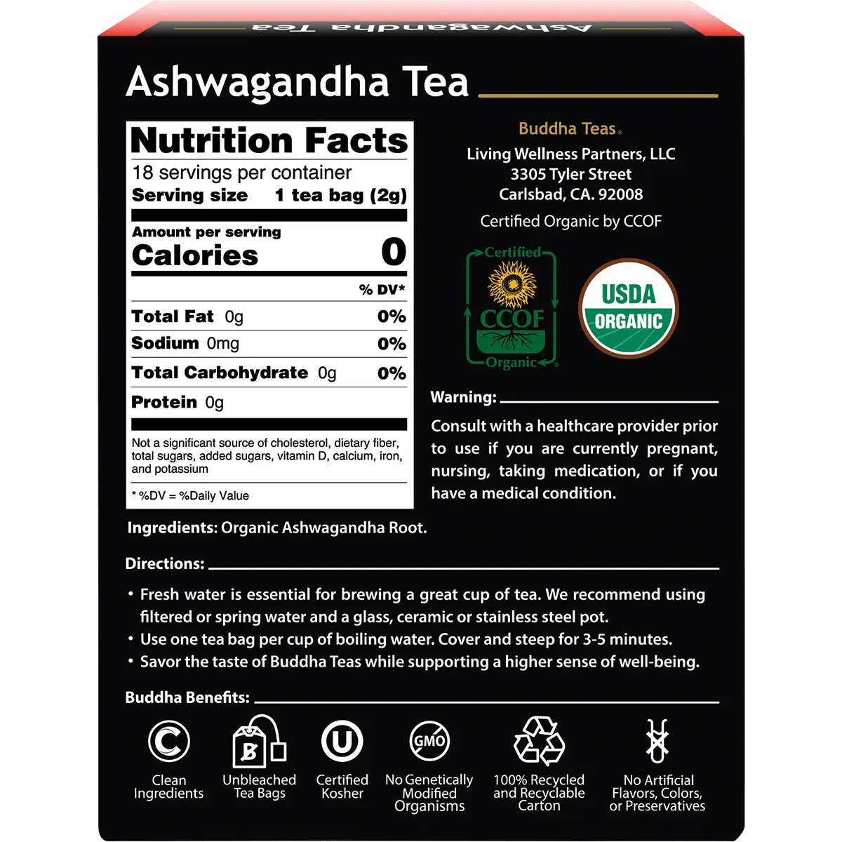 Buddha Teas Organic Herbal Tea Bags Ashwagandha Tea 18 Sachets — back pack image (UHP)