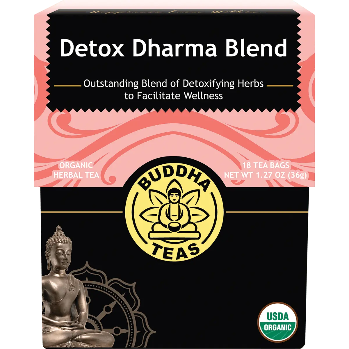 Buddha Teas Organic Herbal Detox Dharma Blend 18 Sachets — front pack image (UHP)