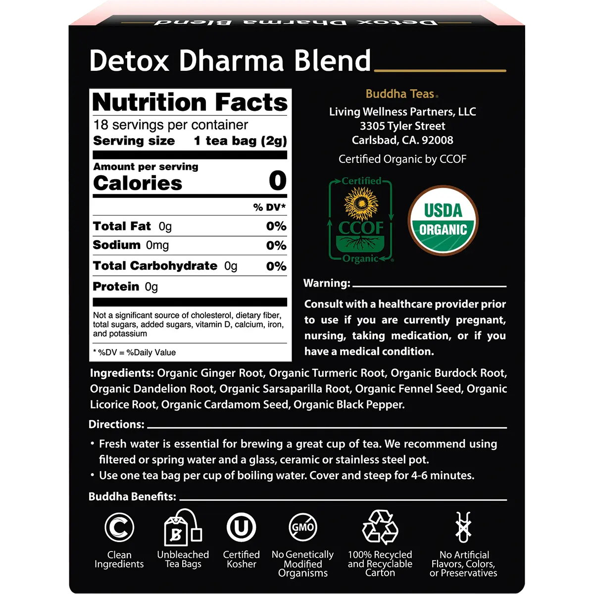 Buddha Teas Organic Herbal Detox Dharma Blend 18 Sachets — back pack image (UHP)