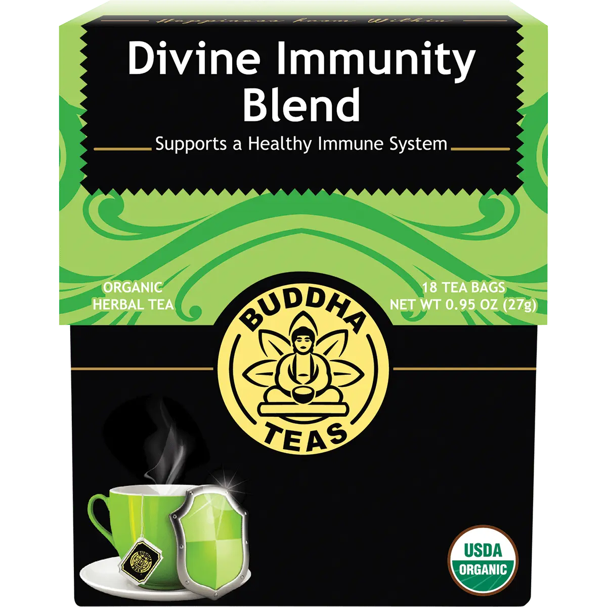 Buddha Teas Organic Herbal Divine Immunity  18 Sachets — front pack image (UHP)