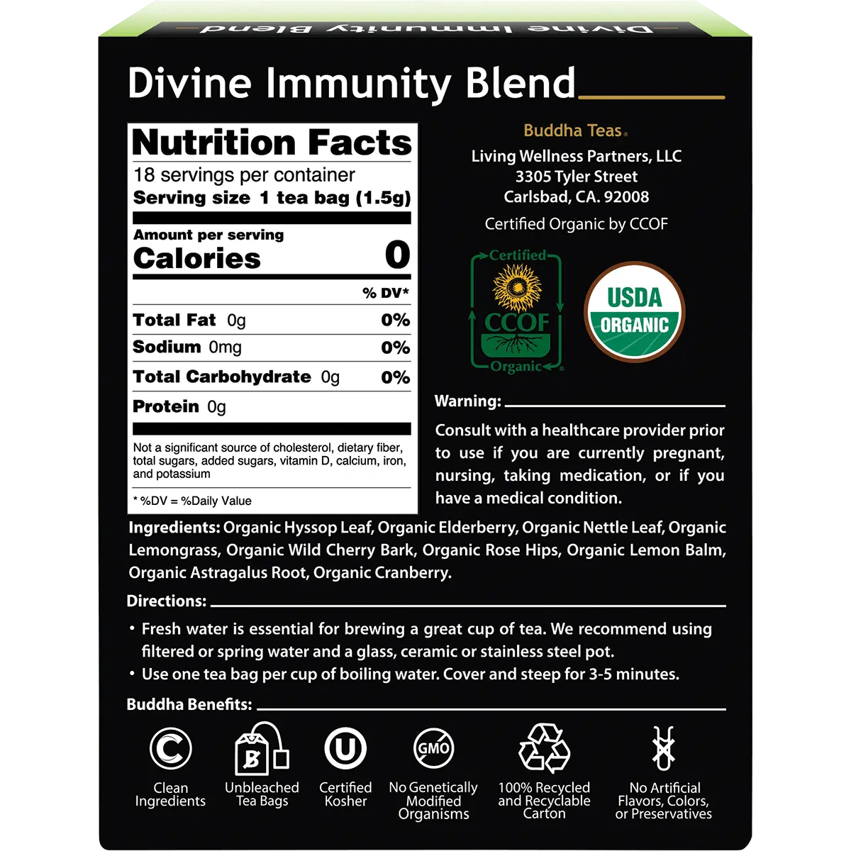 Buddha Teas Organic Herbal Divine Immunity  18 Sachets — back pack image (UHP)