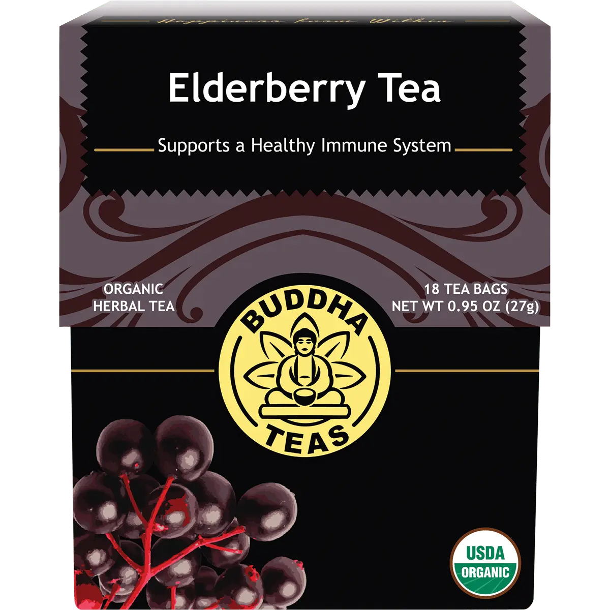Buddha Teas Organic Herbal Elderberry Tea 18 Sachets — front pack image (UHP)