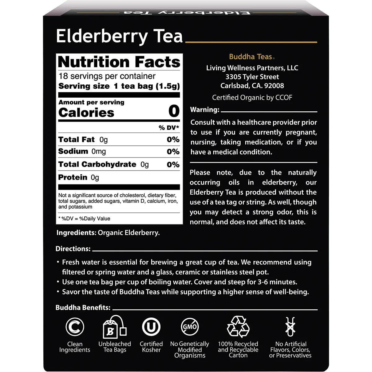 Buddha Teas Organic Herbal Elderberry Tea 18 Sachets — back pack image (UHP)