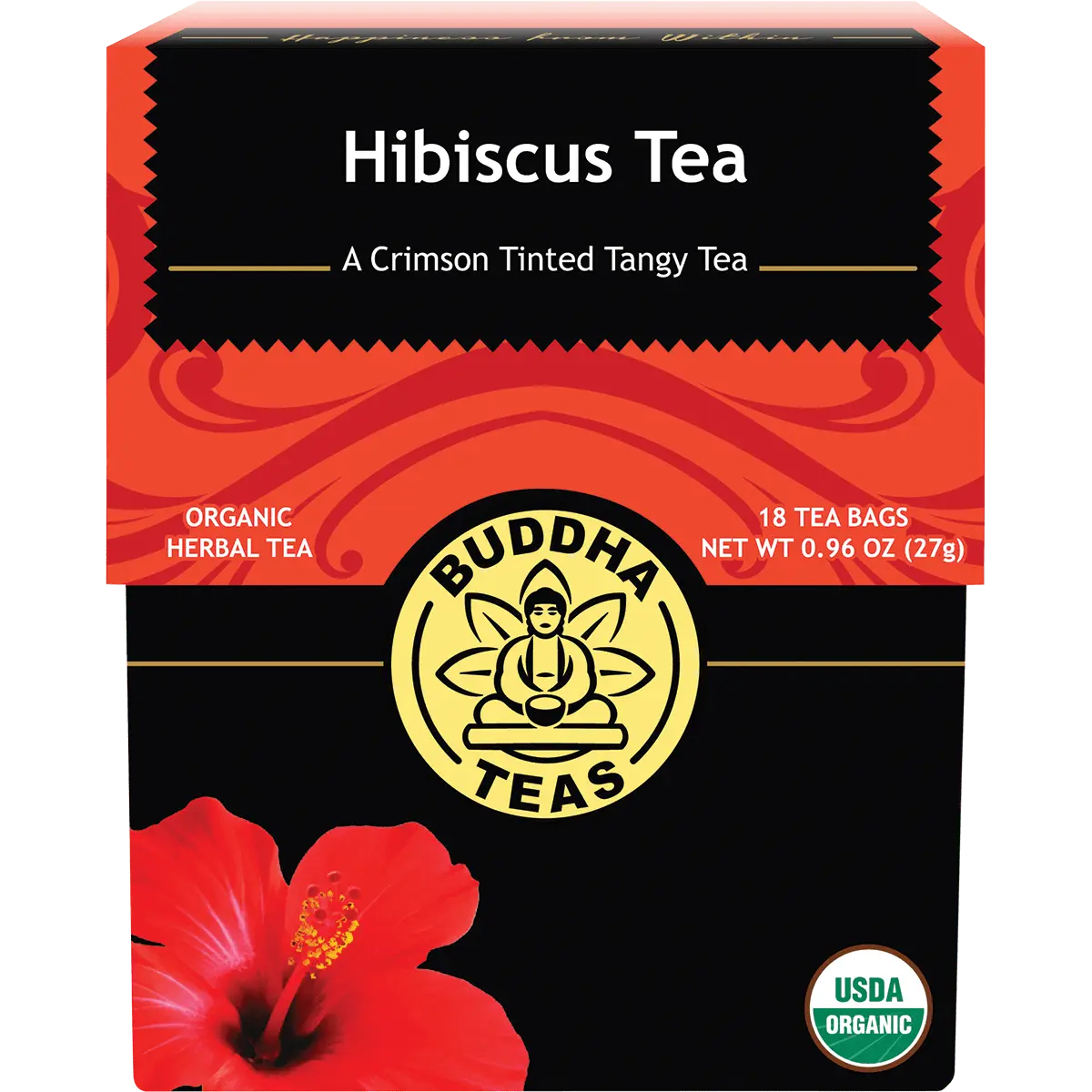 Buddha Teas Organic Herbal Hibiscus Tea 18 Sachets — front pack image (UHP)