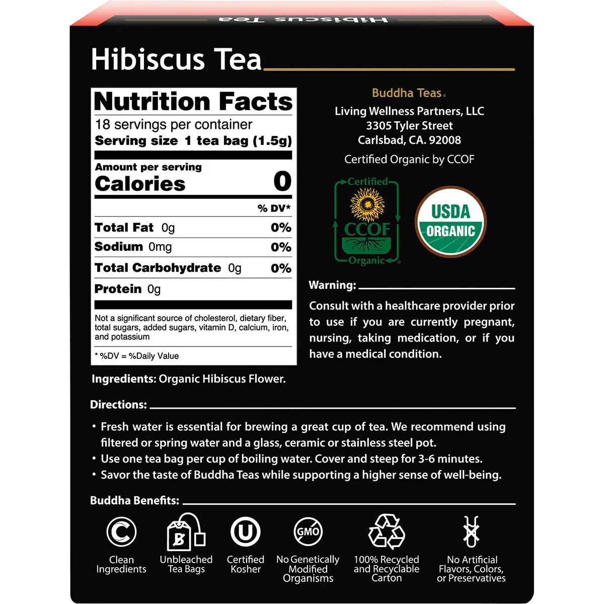 Buddha Teas Organic Herbal Hibiscus Tea 18 Sachets — back pack image (UHP)