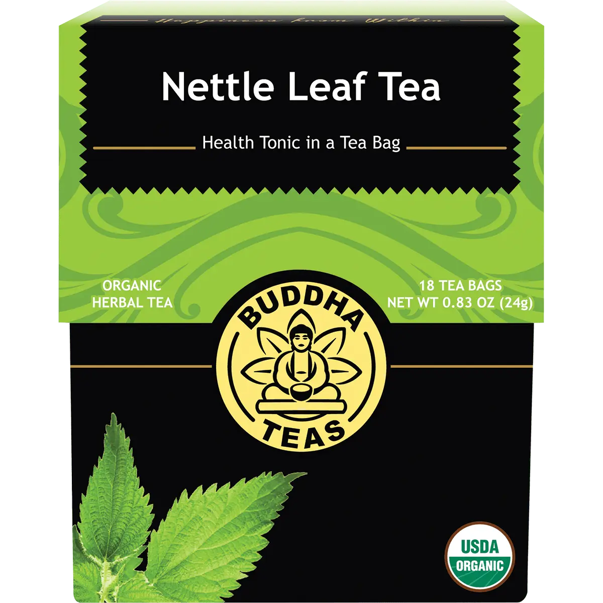 Buddha Teas Organic Herbal Nettle Leaf Tea 18 Sachets — front pack image (UHP)