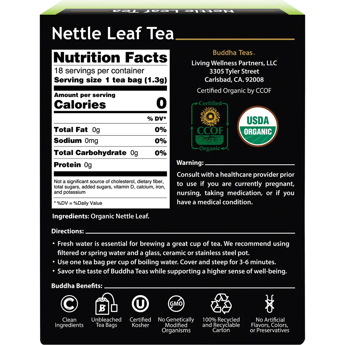 Buddha Teas Organic Herbal Nettle Leaf Tea 18 Sachets — back pack image (UHP)
