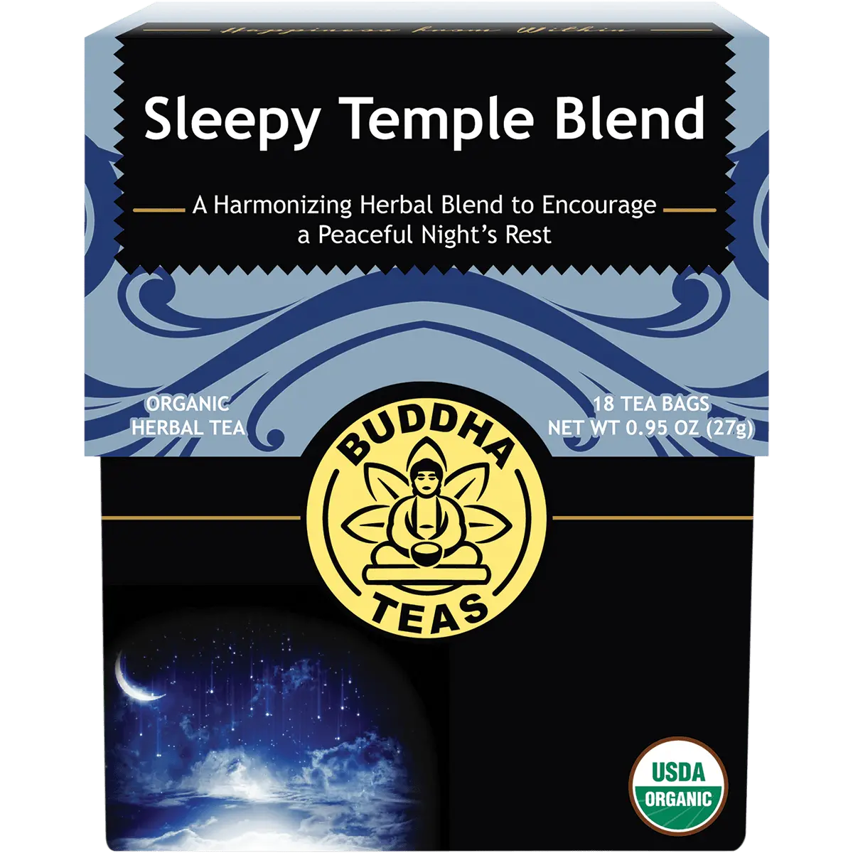 Buddha Teas Organic Herbal  Sleepy Temple Blend 18 Sachets — front pack image (UHP)