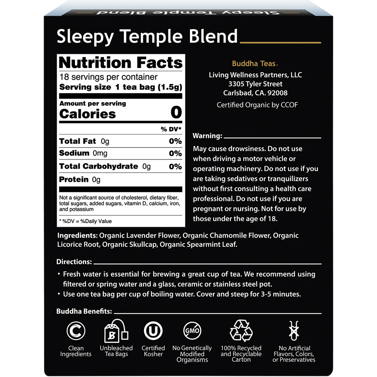 Buddha Teas Organic Herbal  Sleepy Temple Blend 18 Sachets — back pack image (UHP)