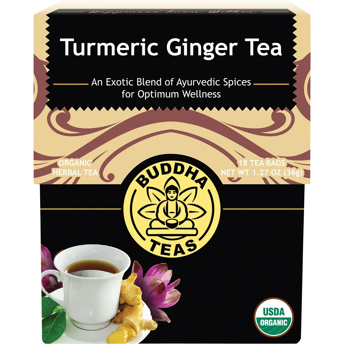 Buddha Teas Organic Herbal Turmeric Ginger Tea 18 Sachets — front pack image (UHP)