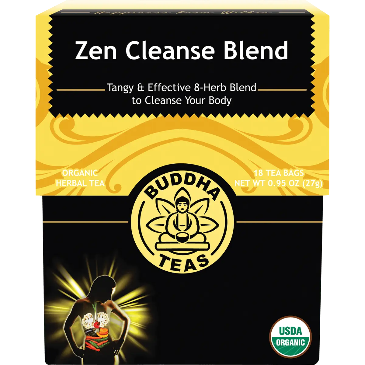 Buddha Teas Organic Herbal Tea Zen Cleanse Blend 18 Sachets — front pack image (UHP)