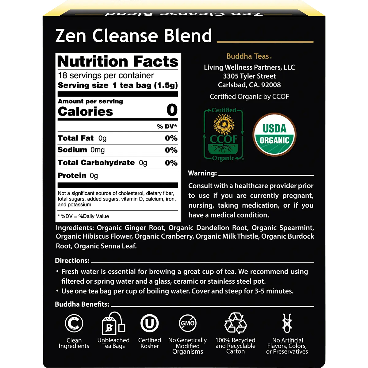 Buddha Teas Organic Herbal Tea Zen Cleanse Blend 18 Sachets — back pack image (UHP)