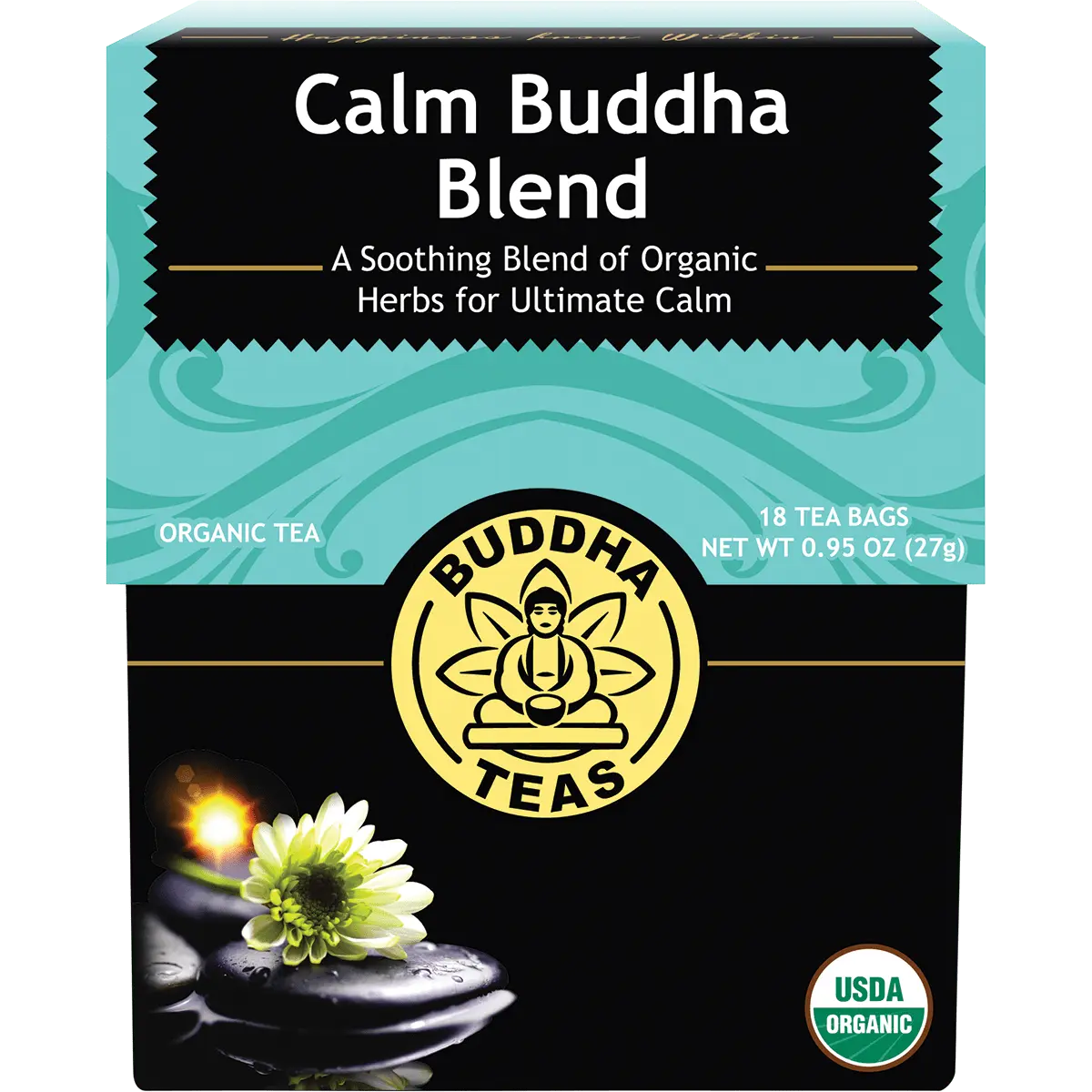 Buddha Teas Organic Herbal Tea Bags Calm Buddha Blend 18 Sachets — front pack image (UHP)
